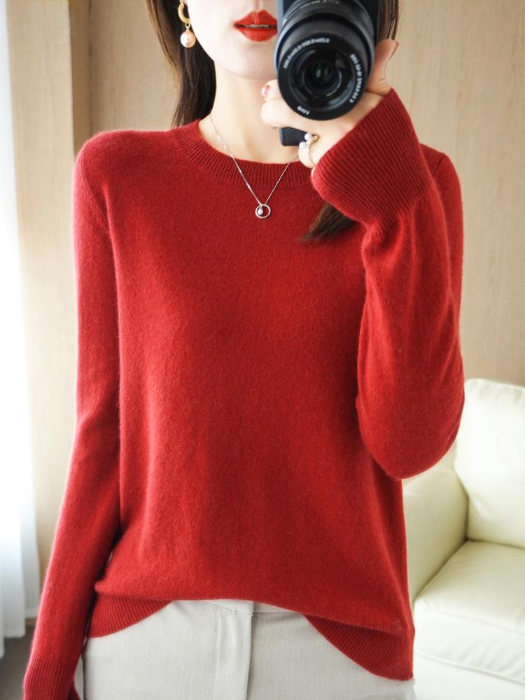 Женский вязаный пуловер с круглым вырезом: Однотонный легкий свитер с длинным рукавом для осени и зимы.