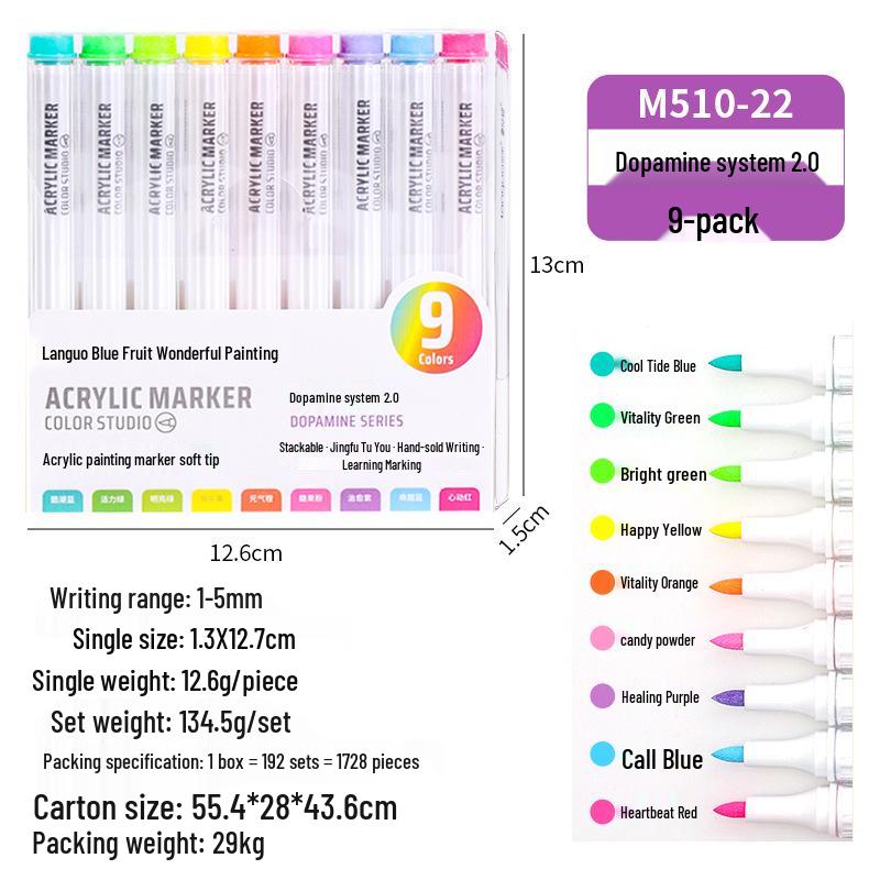 Blue Fruit M510 Soft Head Acrylic Marker Pen Set - 9 Colors for Art, Painting, and Graffiti