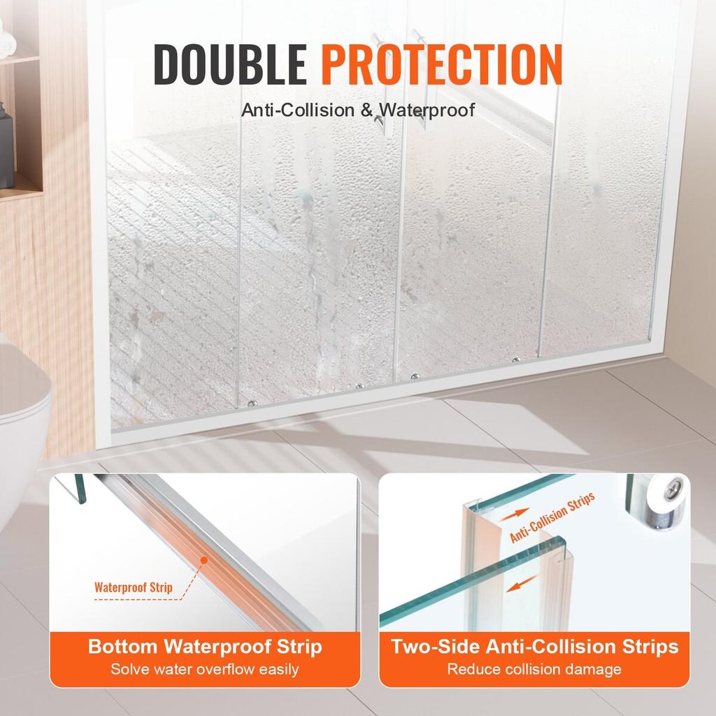 Semi-frameless Double Sliding Shower Door SGCC Tempered Glass 1/4" Chrome