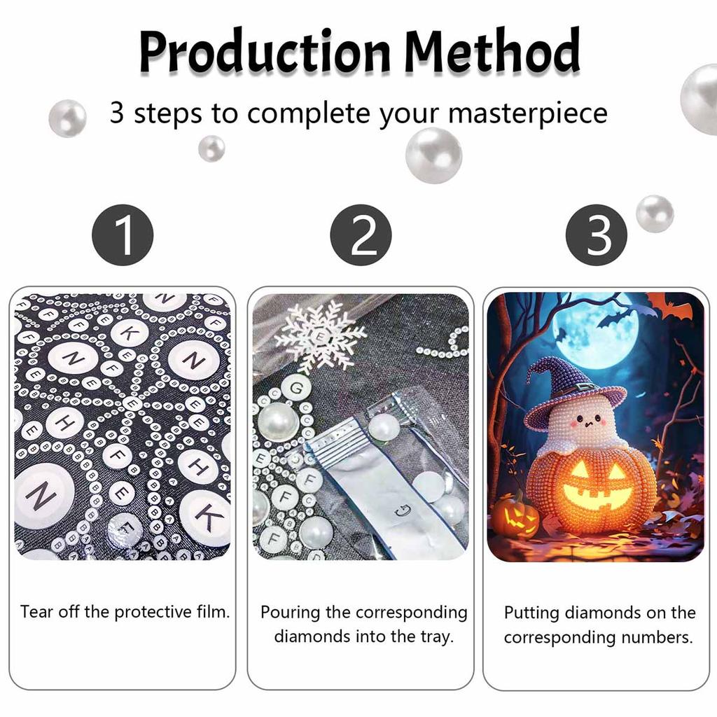 Halloween pearl painting art full pearl handmade diy home decorations pumpkin ghost witch hat moon light luminous ornament