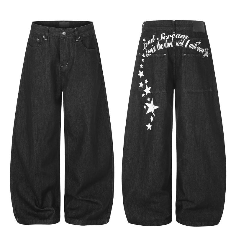 American Street Style Curved Jeans Men Women 26 Star Print Loose Wide Leg Denim Pants
