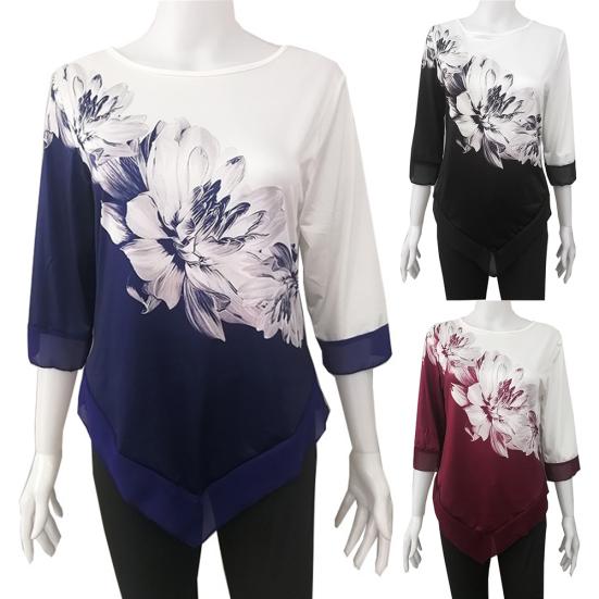 Женская туника с цветочным принтом и круглым вырезом, длинным рукавом и неровным подолом, топ