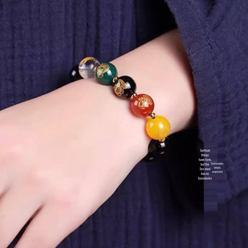 Five Gods of Wealth Classic Black Agate Bracelet - Unisex Buddhist Bead Single-Loop for Benmingnian