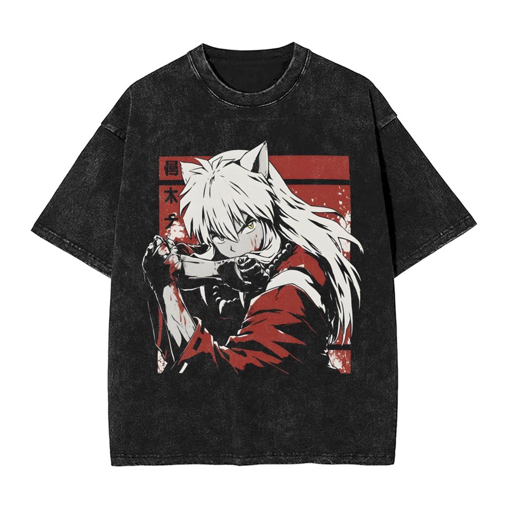 Inuyashas Kagome Japanese Anime T Shirt Hip Hop Washed Short Sleeve Street T-Shirts for Men Women Tops Streetwear Printed Tees