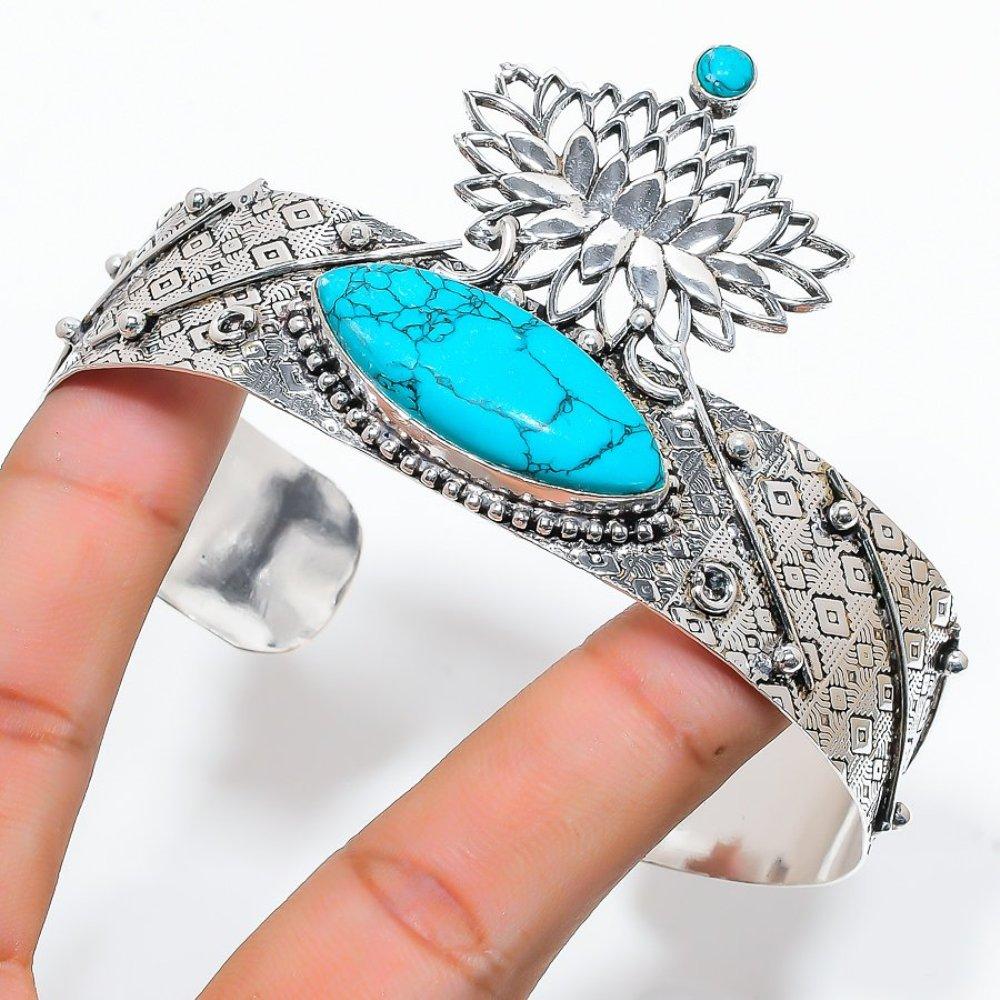 Бирюза Санта-Роза Драгоценный камень Серебро 925 пробы Манжета Браслет Регулируемый h9a89