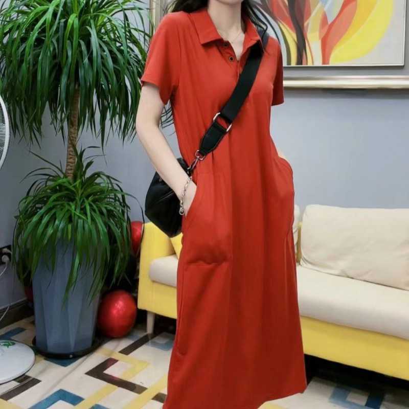 Women's Summer Knee Over Hip Long Solid Color T-shirt Skirt Casual Polo Dress