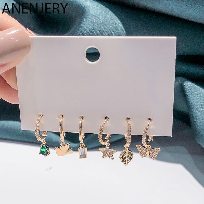 ANENJERY Комплект из 6 серег, женские серьги-кольца в виде листьев, звезд, бабочек, капель воды, изящные ювелирные изделия