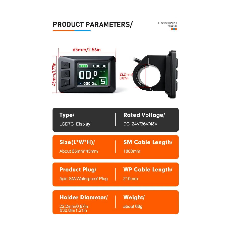 Дисплей KT LCD7C для электровелосипеда 24В/36В/48В SM/Водонепроницаемый и Стандартный Разъем Панель для Контроллера KT Комплектующие для Набора Преобразования Электровелосипеда