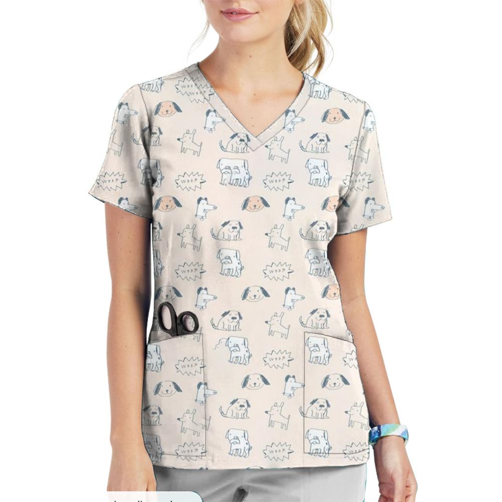 Animal Printed Pet Clinic Vet Work Uniforms Women Nurse Accessories Hospital Doctor Nursing T-Shirt Medical Scrubs Clothes Tops