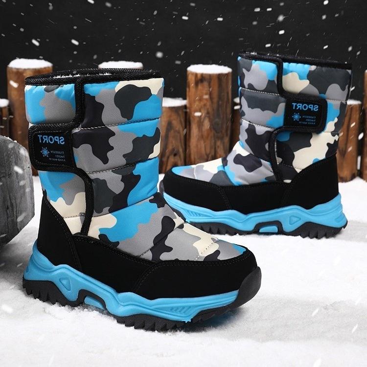 Children's cotton boots, boys' and girls' winter boots, fleece-lined and thickened for warmth, waterproof, suitable for older children, and featuring