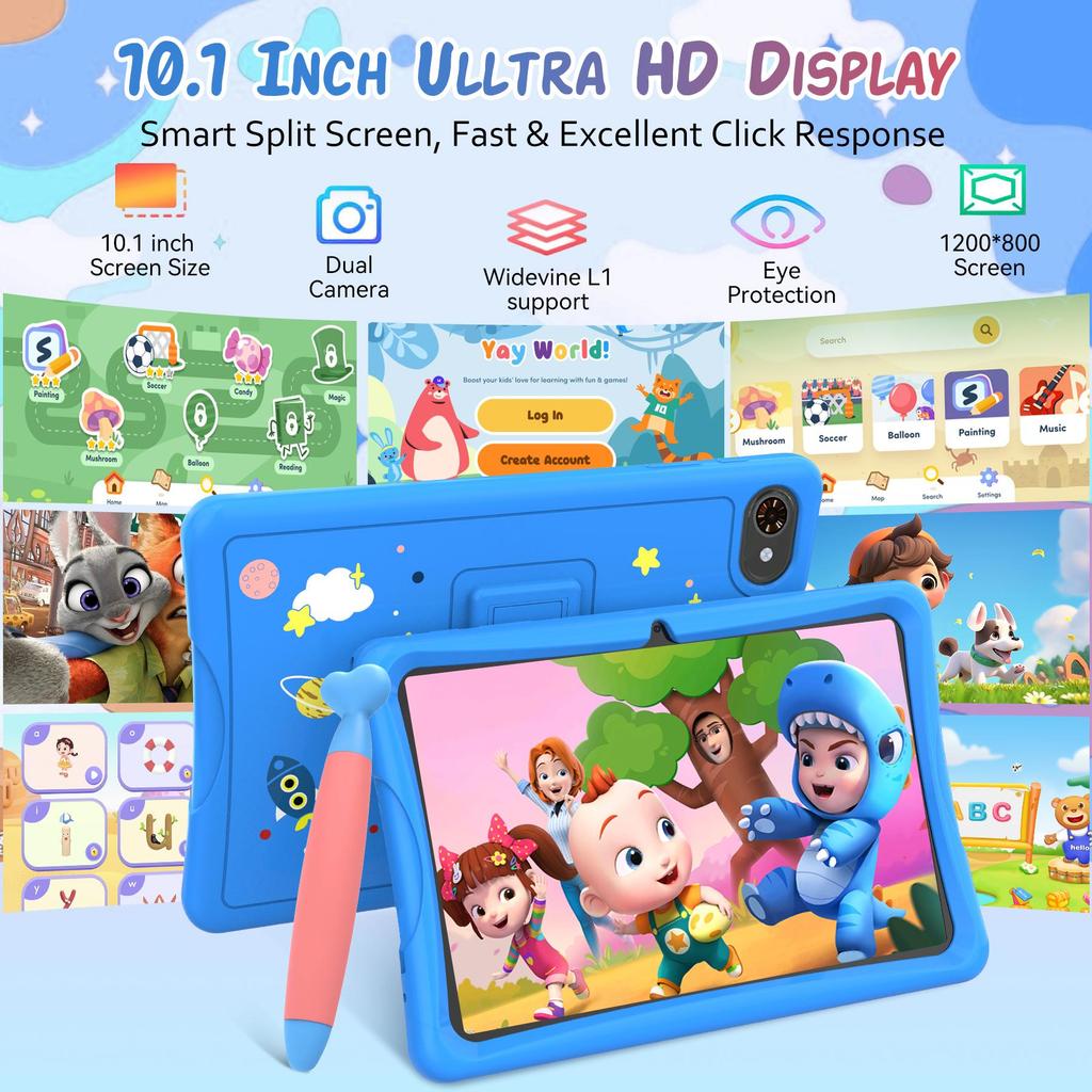 TABWEE K10 10,1-дюймовый планшет для детей Android 15, 4 ГБ ОЗУ 64 ГБ ПЗУ, Большой дисплей Widevide L1, Восьмиядерный RK3562, 5000 мАч, 5G Wi-Fi