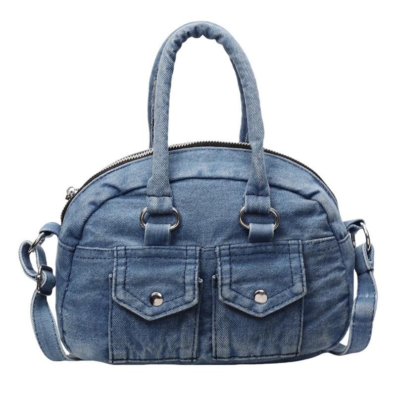 Retro Style Denim Shoulder Bag With Top Zipper And Cell Phone Pocket