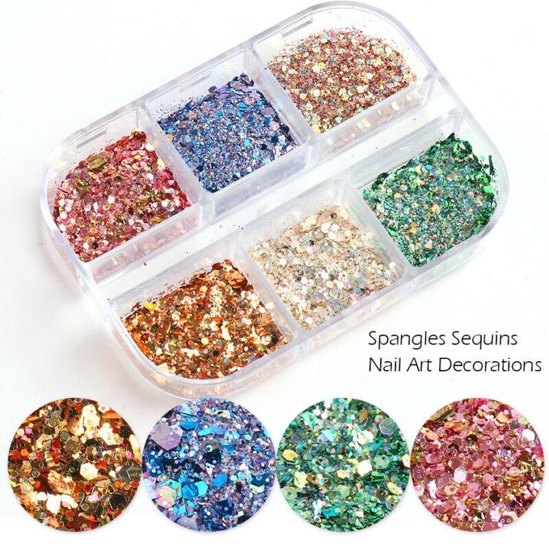 6 сеток/коробка Украшения для ногтей Блестки для ногтей Пудра Блестки Хлопья Аксессуары для ногтей