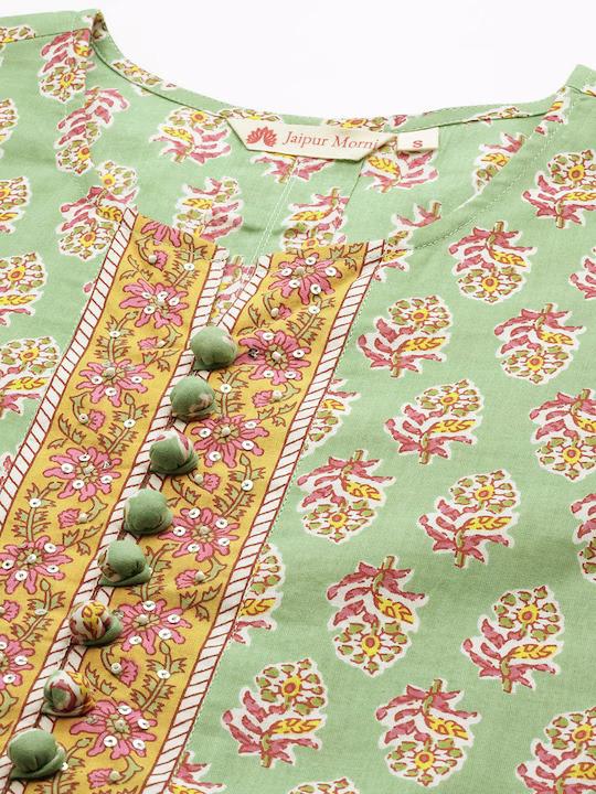 Зеленая набивная расшитая пайетками курти из чистого хлопка