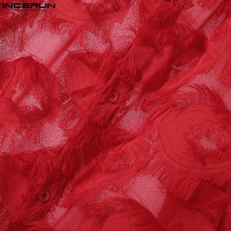 INCERUN Мужские рубашки с длинным рукавом на пуговицах и прозрачными кисточками, топы для вечеринок