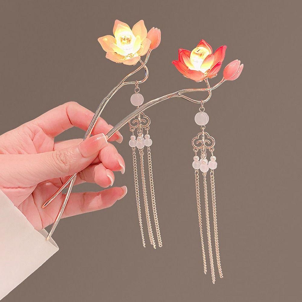 Zinc Zinc Alloy Lantern Hairpin Flower LED Light Hair Fork Exquisite Lotus Tassel Hair Stick Cheongsam