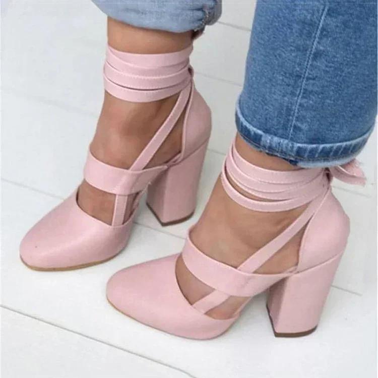 Sapatos Feminino, большой размер 35-43, женские летние гладиаторские туфли на высоком каблуке для вечеринки, свадебные туфли, модные туфли на толстом каблуке со шнуровкой, черные 2024 г.