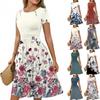 Women's Casual Fashion Round Neck Pleated Short Sleeve Retro Floral A-Line Midi Dress