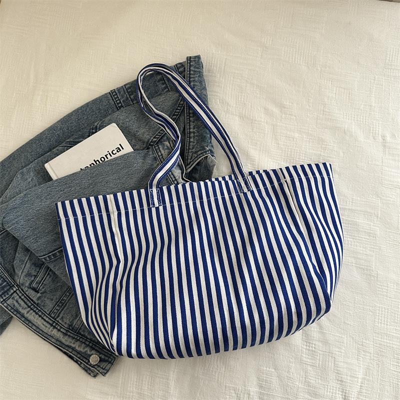 Casual Retro Literary And Simple Large-Capacity Handbag Autumn Pinstripe Small Fresh Shoulder Tote Bag