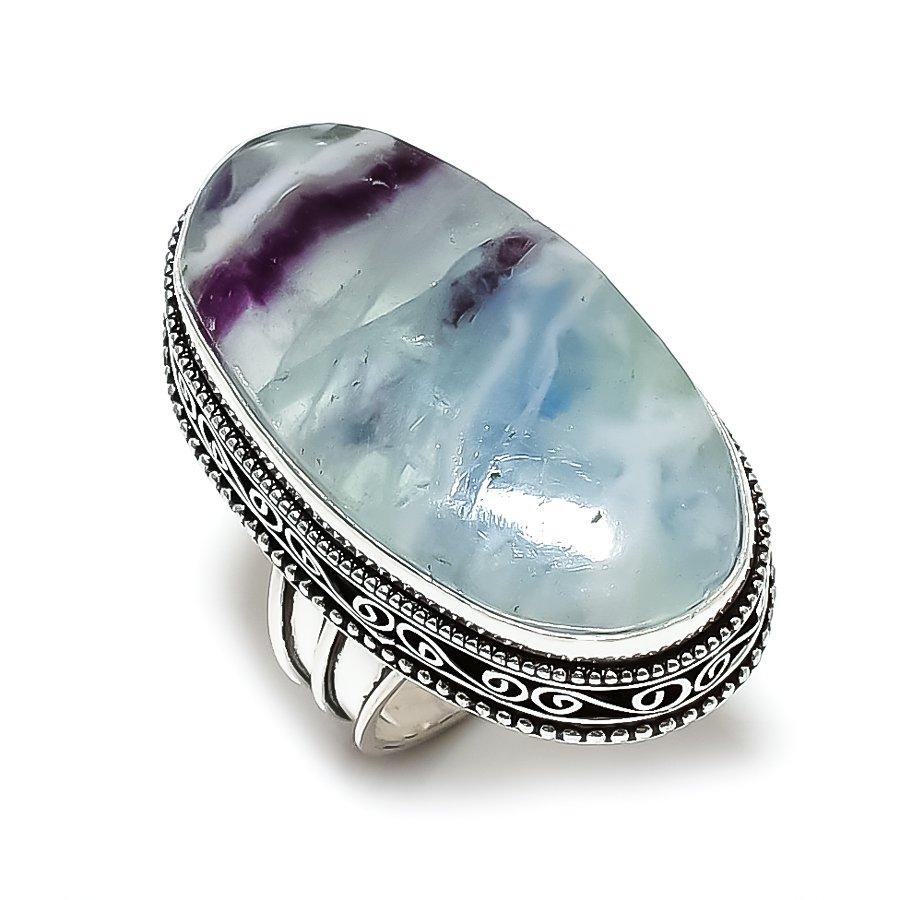 Ювелирное кольцо ручной работы из стерлингового серебра 925 пробы с натуральным драгоценным камнем флюорит, размер 9 S5B72