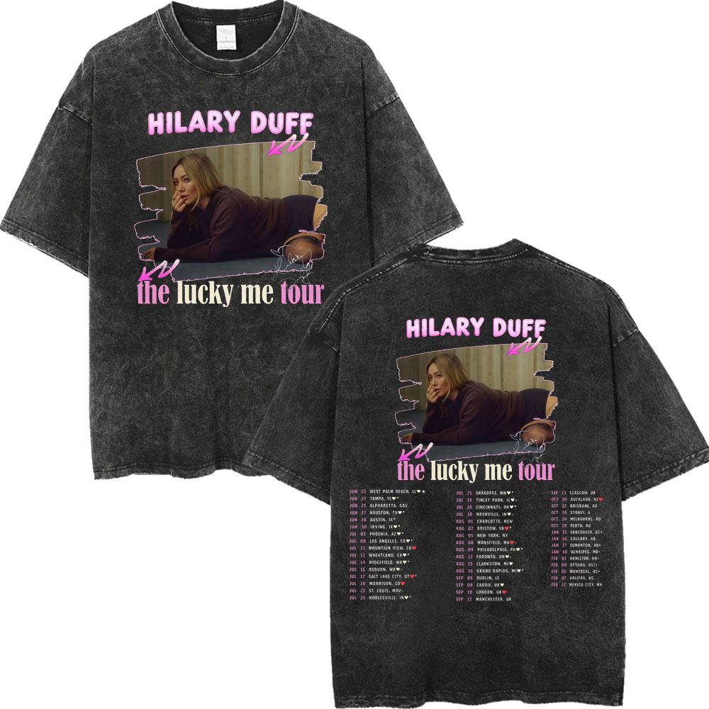 Hilary Duff The Lucky Me Tour Vintage Washed Tshirt Fashion Aesthetic Short Sleeve Tshirts Men Women Casual Loose T Shirt