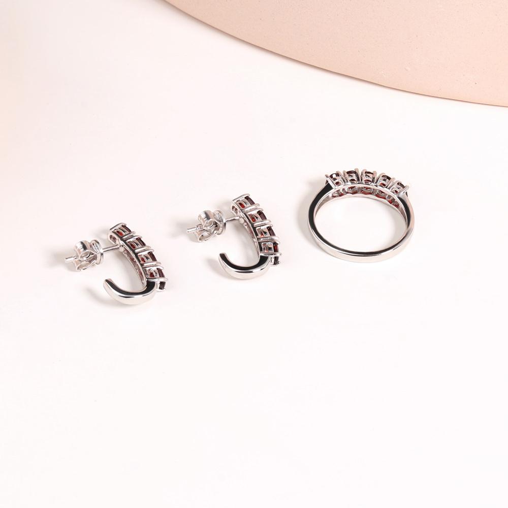 Bolaijewelry Модные серьги-кольца с натуральным красным гранатом, комплект ювелирных изделий из стерлингового серебра 925 пробы, женская повседневная одежда, изысканные ювелирные изделия