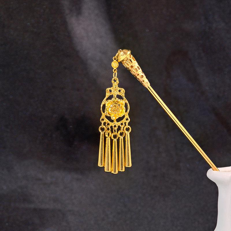 Hollow Geometric Tassel Hairpin for Women - Ethnic Style with Water Drop Leaf Round Design, Hanfu Accessory