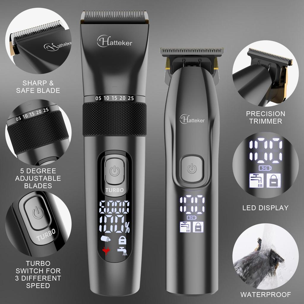 Hatteker Men's Hair Clipper Cordless Beard Trimmer T Trimmer Waterproof Haircutt Kit Hairdressing Cape and Scissors