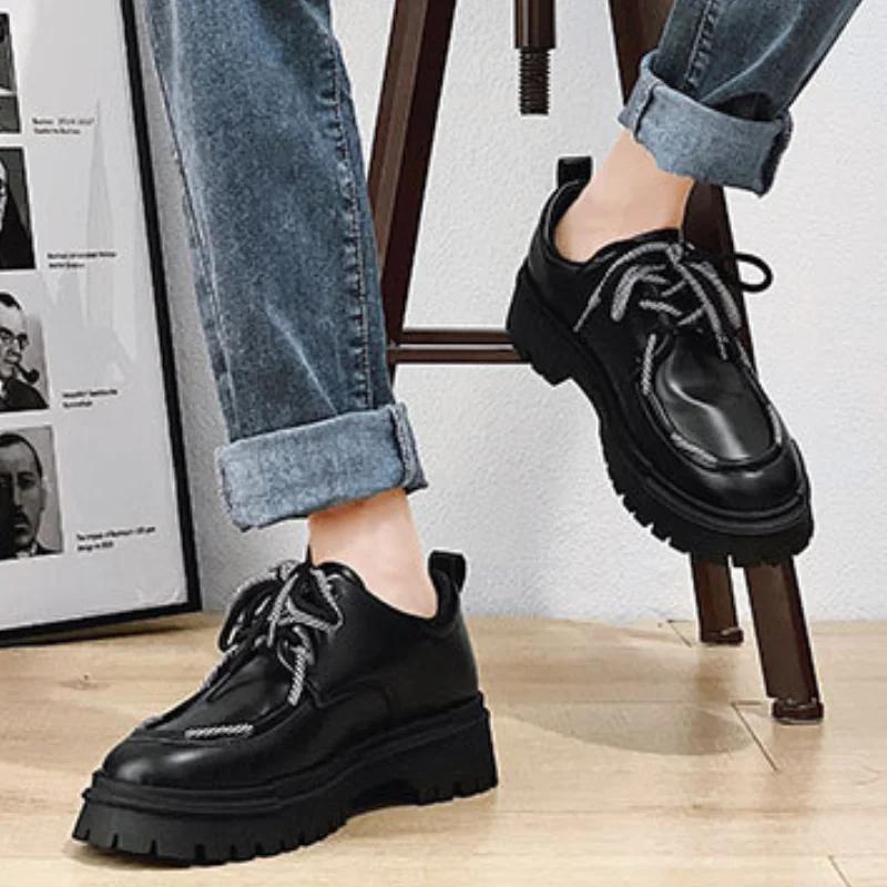 Fashion Men Sneakers British Style Leather Shoes for Men Thick Bottom Design Platform Black Lace Up Casual Loafer Shoe Zapatillas Hombre