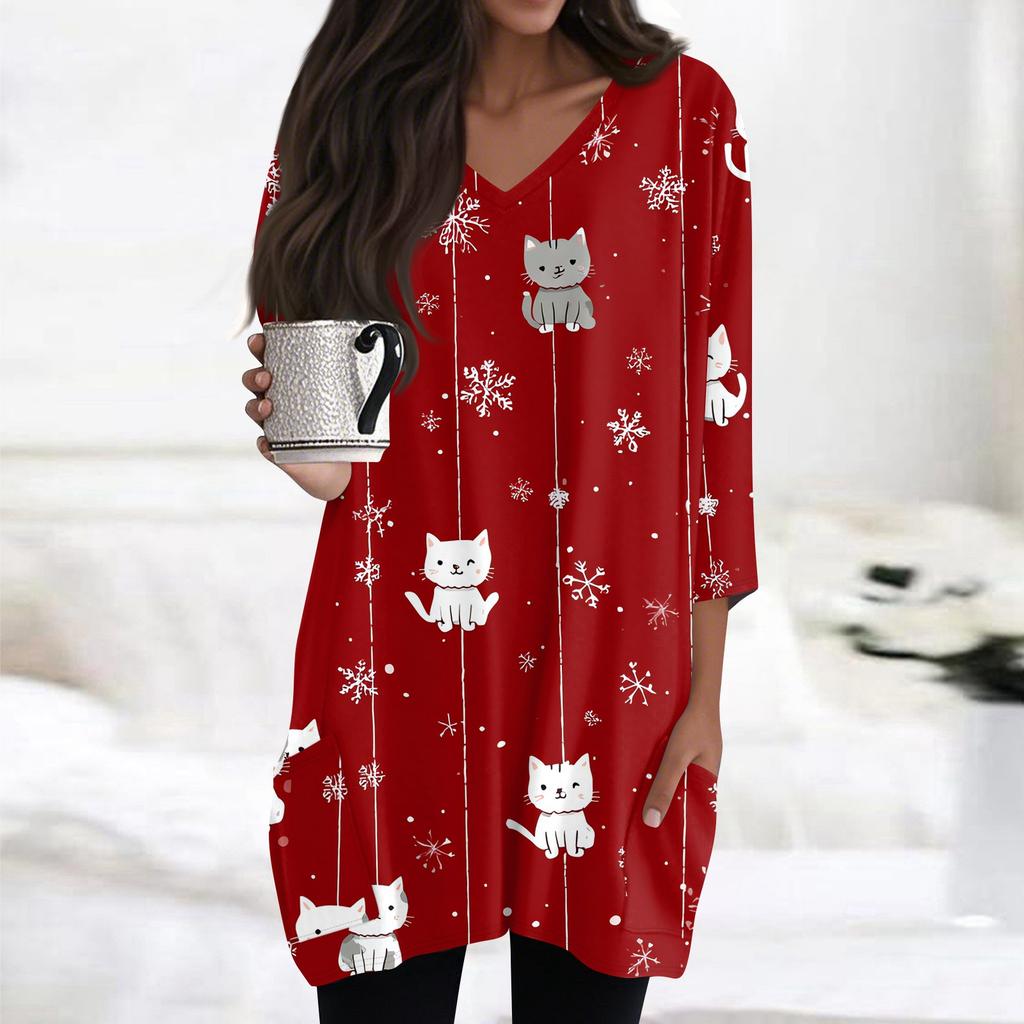 Женские топы с V-образным вырезом и рукавом 3/4, повседневные блузки средней длины, модные туники с рождественским принтом и карманами