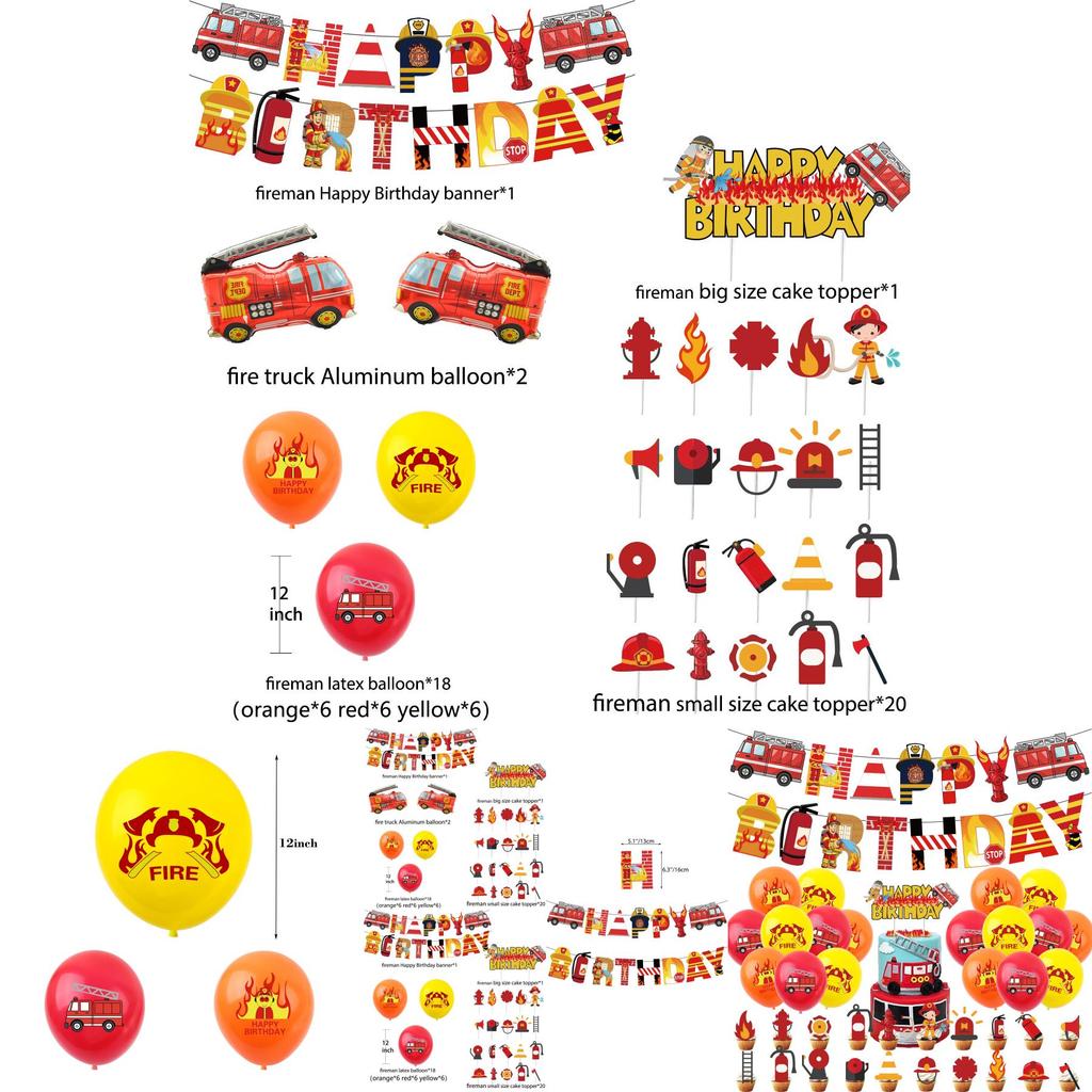 Баннер из алюминиевой фольги «Пожарная машина» Украшение для дня рождения Тема «Пожарный» Вставка для торта Набор флагов на ленте