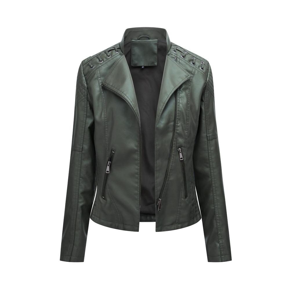 Women Fashion Lace-up Leather Jacket Slim Fit Spring Autumn Motorcycle Jacket Zipper Jacket