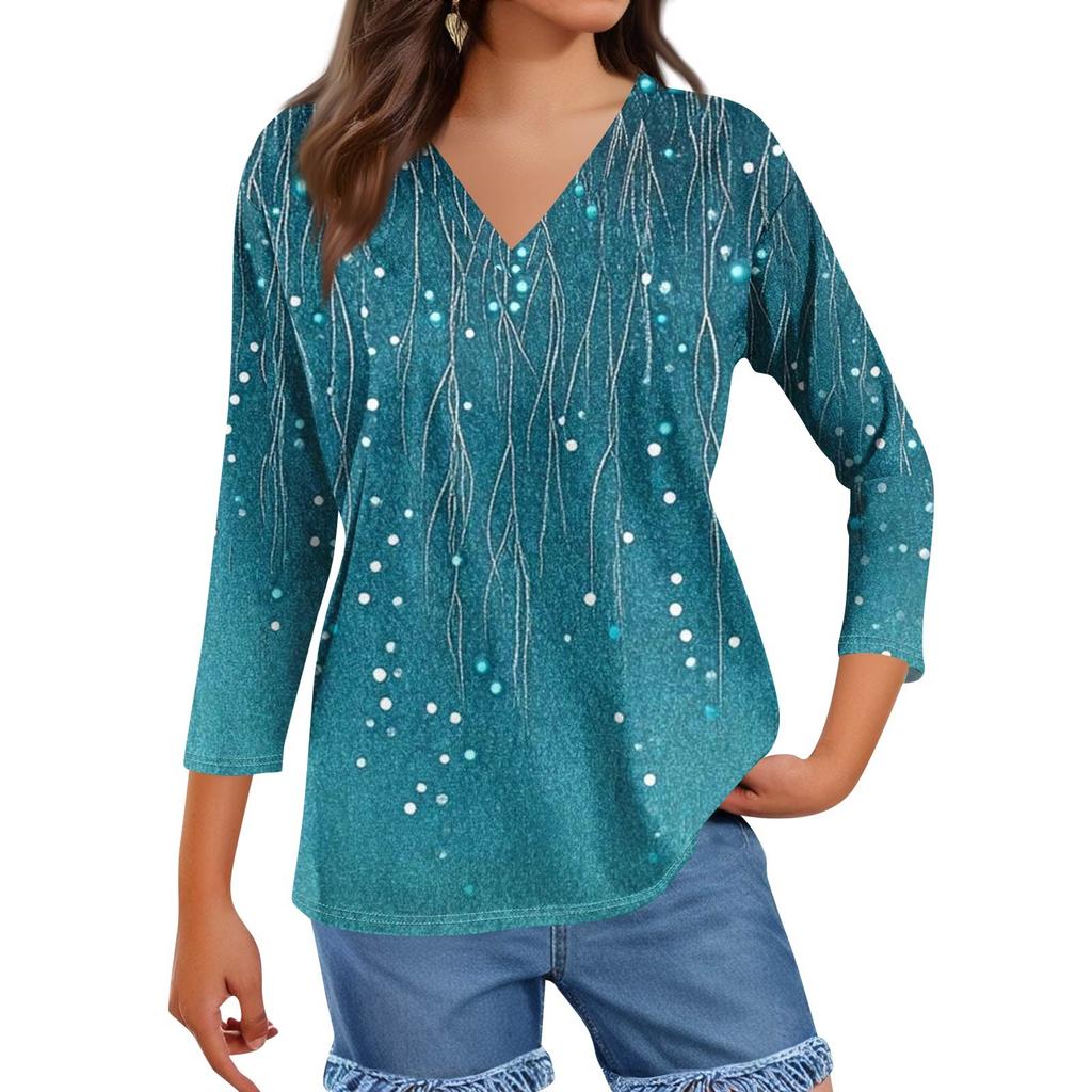 Women's Tops Three-quarter Sleeve Shirt V-neck Loose Casual Shirt Floral Print T-shirt