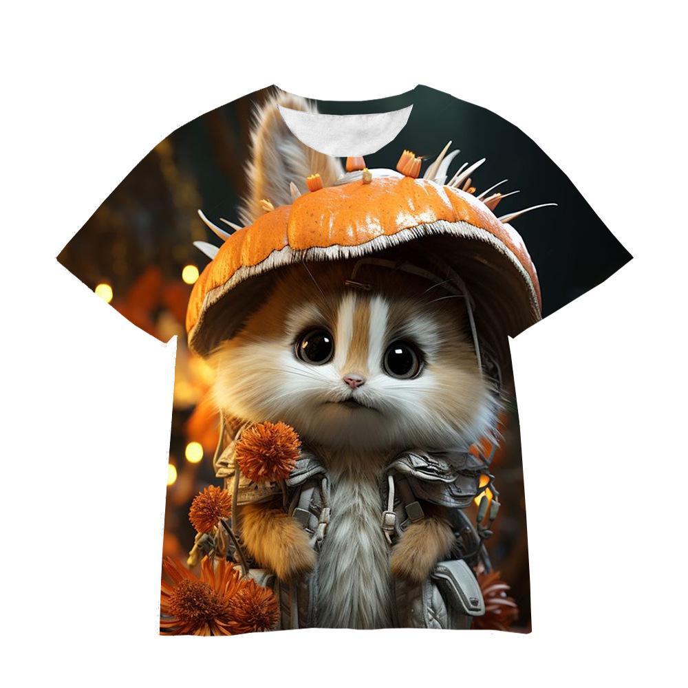 Summer Round Neck 3D Cartoon Furry Animal Print Top Fashionable Casual Short Sleeved Children's Boy and Girl Universal T-shirts