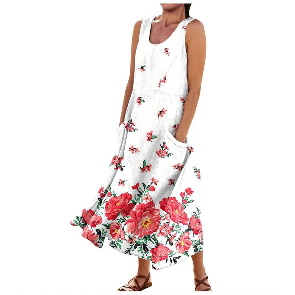 Женское летнее повседневное модное платье без рукавов с карманом и круглым вырезом