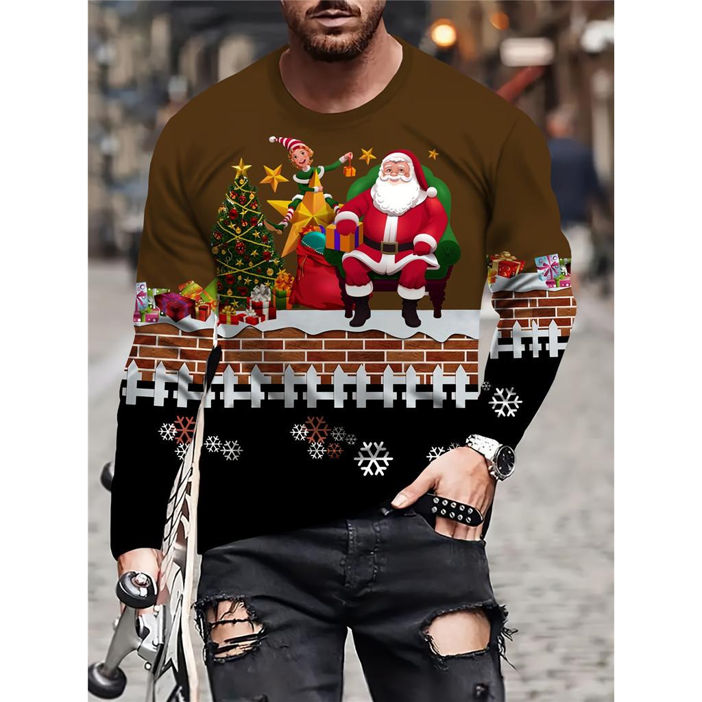 Мужская футболка с длинным рукавом с принтом узора Санта Клауса, лося и снежинок, мягкий, модный, универсальный топ, Счастливого Рождества
