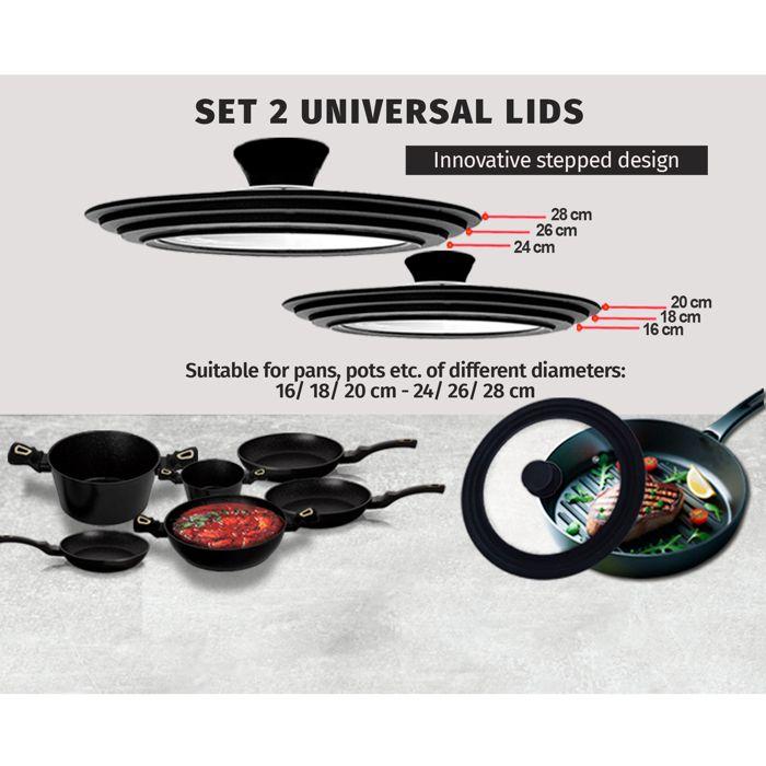 2 Couvercles Universel Poêle à Frire Casseroles 16-18-20/ 24-26-28 Verre Silicon Briebe TotaLid Transparent Noir