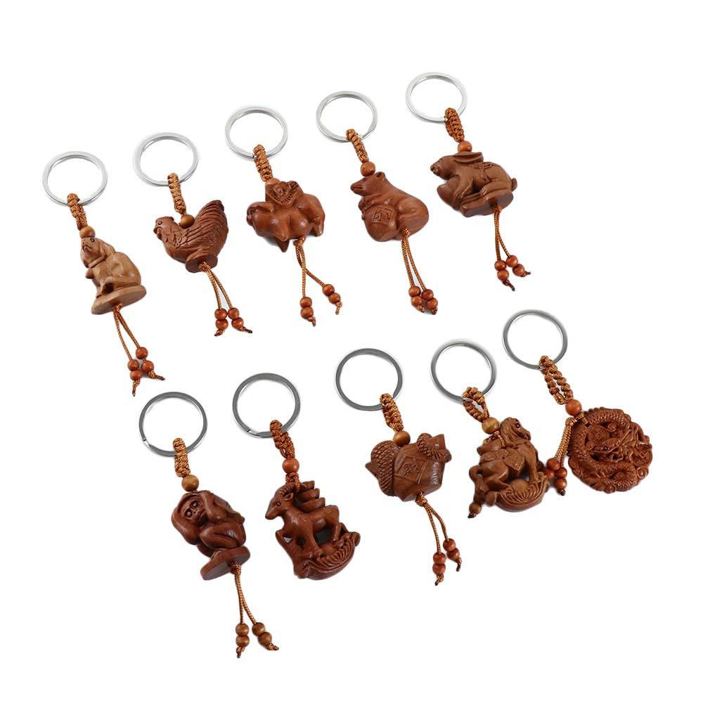 Lucky Bag Pendant Fengshui Gift Mascot Engraving Wood Keyring Keychain Mahogany Chinese 12 Zodiac