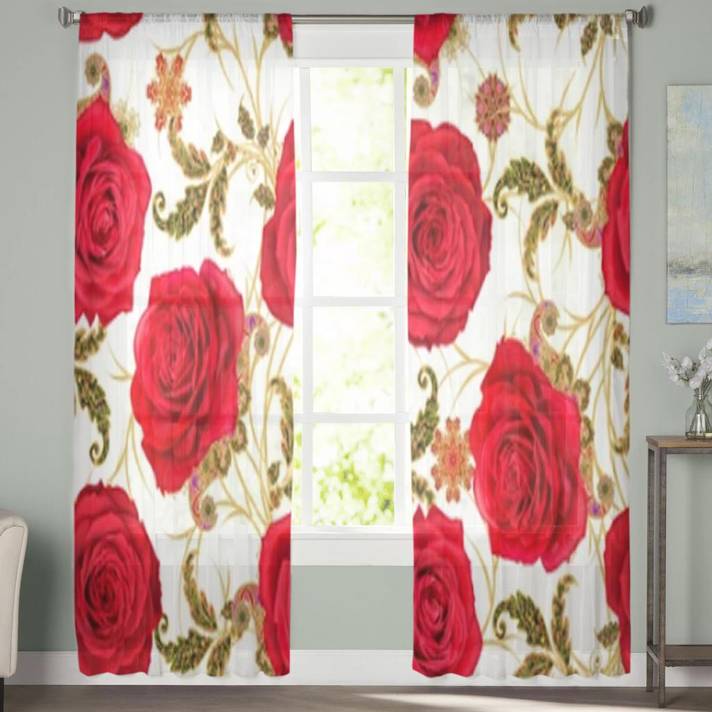 Bright Red Roses Sheer Curtains For Living Room Window Transparent Voile Tulle Curtain Bedroom Drapes Home Decor