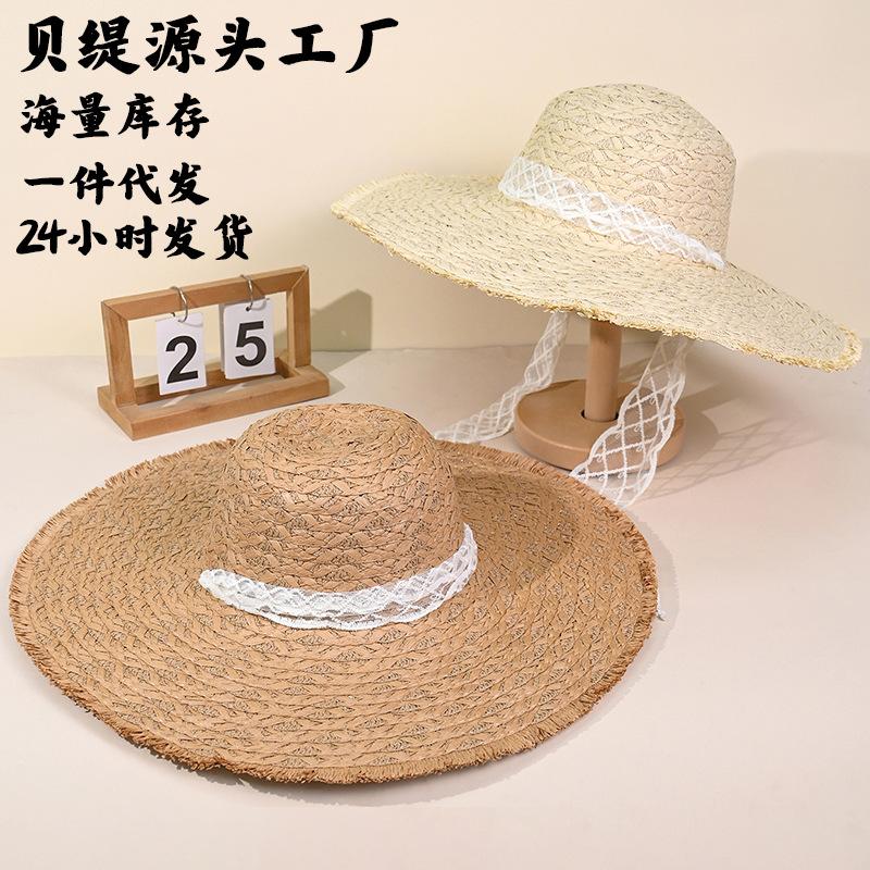 New pastoral hat women's lace streamer sunshade straw hat rough edge large brim outdoor sunscreen sun hat