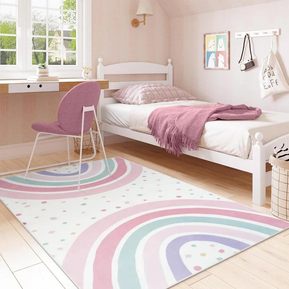 Elegant Boho Rainbow Wave Dots Area Rug Soft Non-Slip Living Room Carpet for Bedroom Bedside Baby Room Decor Floor Mat Gift