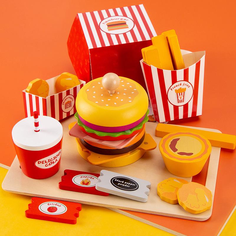 Wooden Hamburger & French Fries Pretend Play Set – Toy Kitchen Gift for Kids