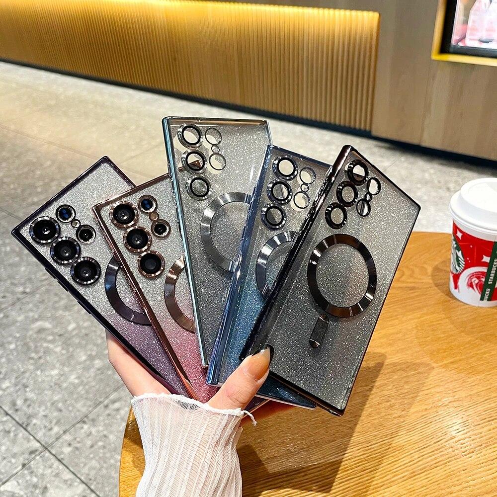 Роскошный блестящий чехол с беспроводной зарядкой для Samsung Galaxy S24 S23 S22 S21 Ultra Plus, магнитный чехол MagSafe Allround, чехол для камеры, чехол