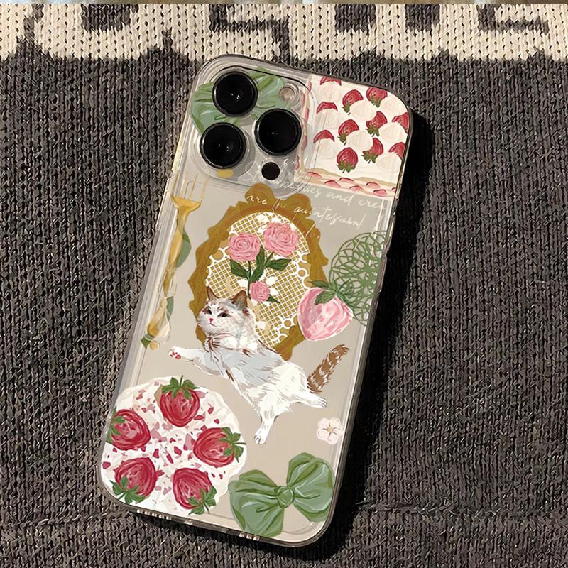 Милый Чехол-Клубничная Роза для Кошки Рэгдолл для iPhone 17 Air 16 15 14 Plus 13 12 Mini 11 Pro Max Жидкий Силикон Мягкий Чехол funda