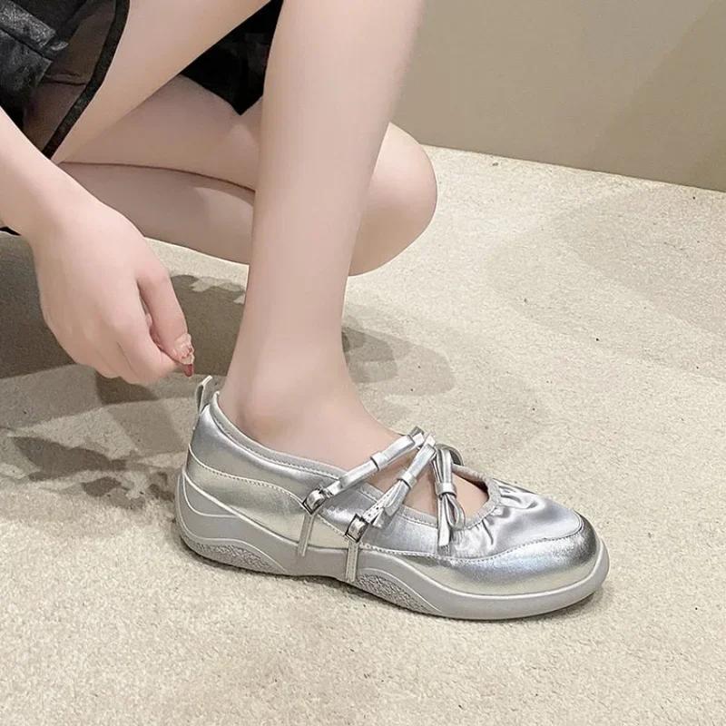 Туфли Мэри Джейн для женщин, кроссовки, модные повседневные туфли с бантом и пряжкой на ремне, женские балетки на платформе из мягкой кожи