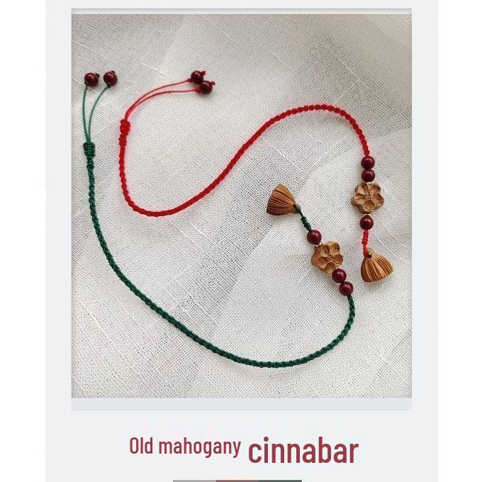 Ethnic Style Peach Wood & Cinnabar Red Rope Anklet with Lotus Pod Design - Women's Braided Rope Lucky Charm Gift.