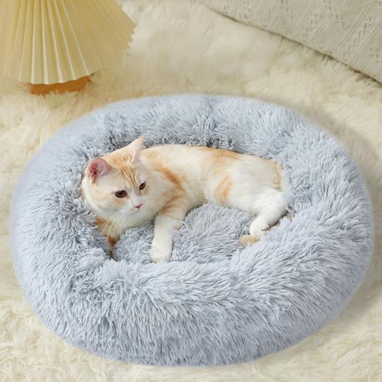 Donut Pet Bed Fluffy Round Cat Bed with Anti-Slip Bottom Cozy Shaggy Plush Dog