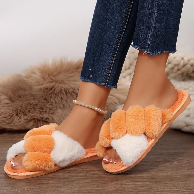 Модные тапочки из меха смешанных цветов для женщин Осень Зима 2025 Мягкая подошва Длинный плюш Для дома и улицы Шлепанцы Женские Пушистые Уютные
