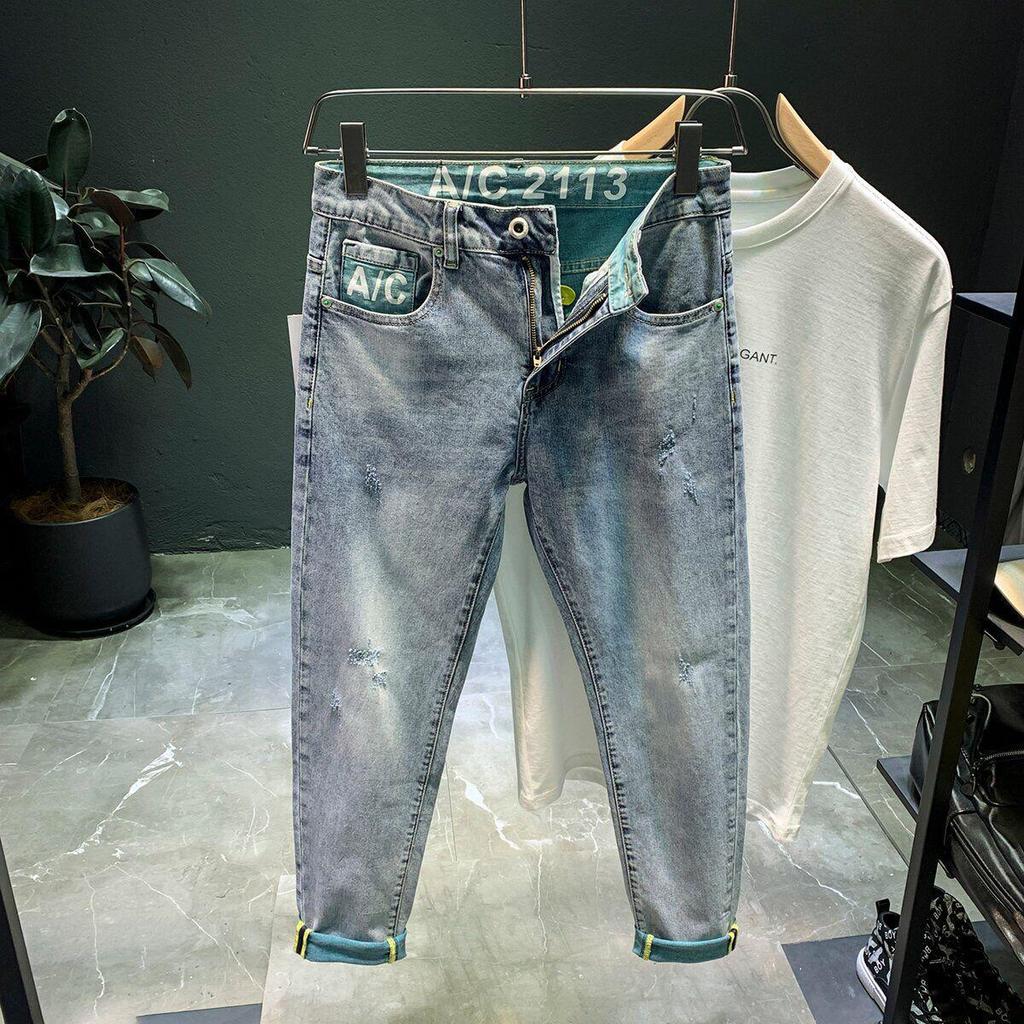 «Мужские джинсы с буквами в стиле Гонконга, лето 2023 г. — модные брюки в стиле хип-хоп для улицы»