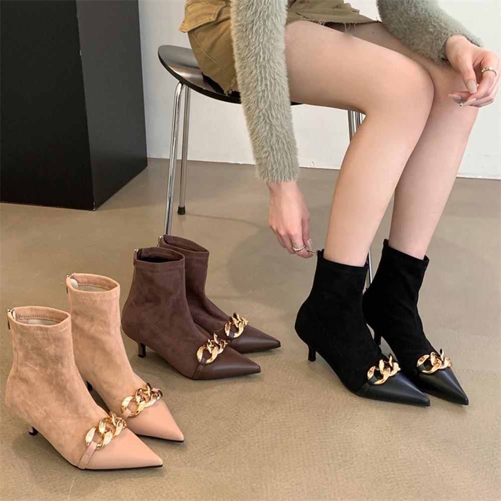 Мода 2024 Новые поступления Женские ботильоны Chelsea Botas Тонкие средние каблуки Металлическая цепочка Размер 35-40 Осень Зима Носки Botas Размер 35-40